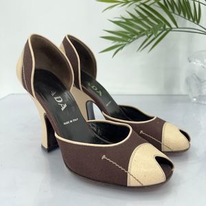 Prada D'Orsay Pumps Women 7.5 Cream Brown Colorblock Retro Boho Heel Peep Toe